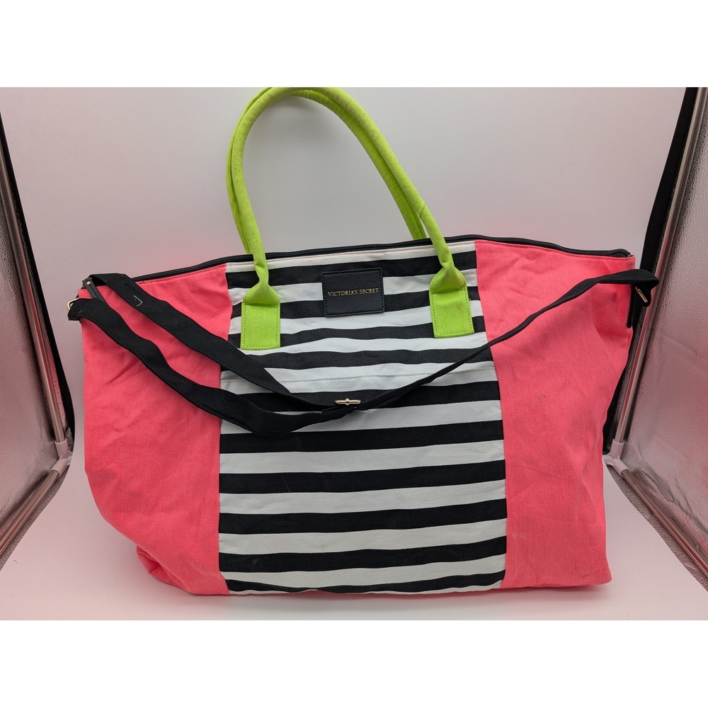 Victoria's Secret Canvas Tote Bag Pink Striped Lime Green Handles Large Weekend